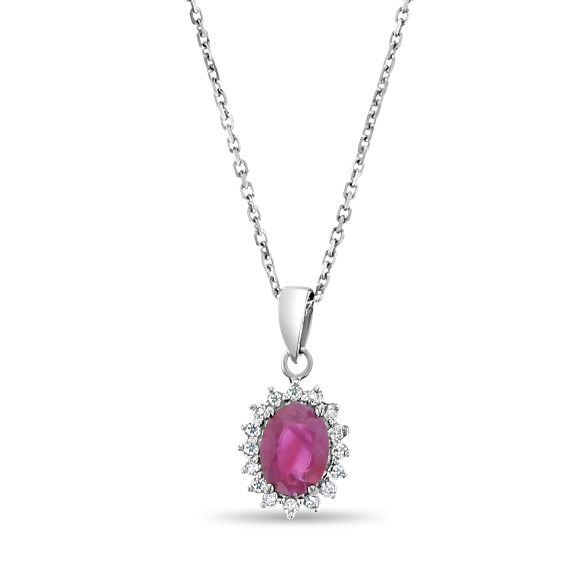 1.12cttw Ruby & Diamond Halo Pendant Necklace in 14K White Gold - Elegant Jewelry for Women, Perfect for Weddings, Anniversaries & Gifts