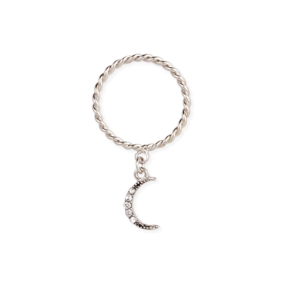 Zad Twisted Band Ring with Moon Charm for Women - Elegant Silvertone Jewelry Gift