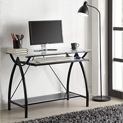 Modern Black Metal Glass Top Desk with Keyboard Tray - Contemporary Rectangular Office Desk for Home & Workspace - Perfect for Remote Work, Gaming & Study Setup