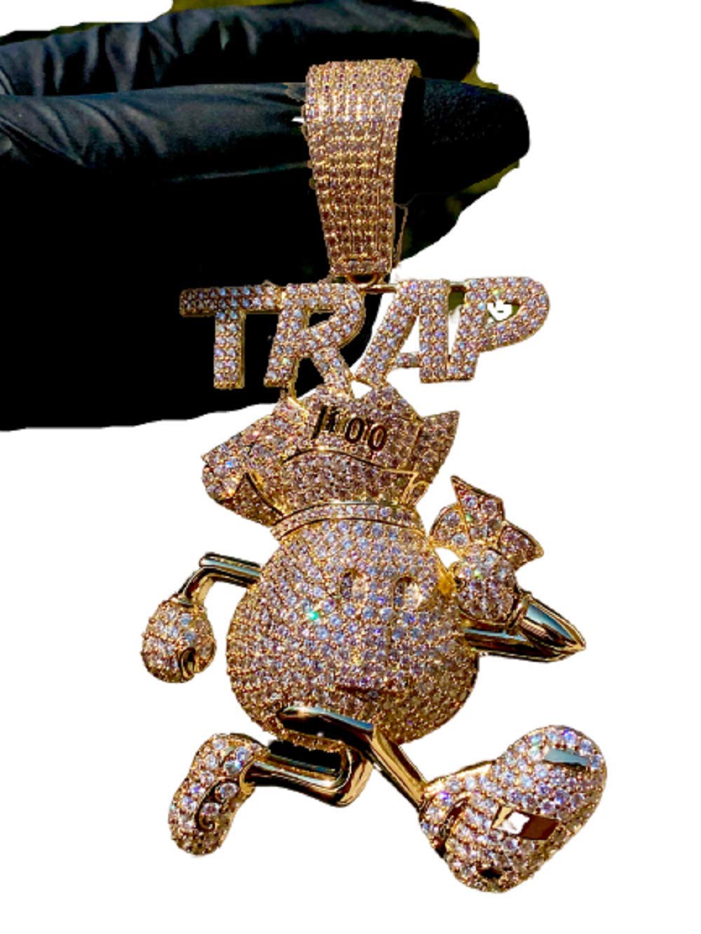 14K Gold Plated Money Bag Pendant for Men - Trap House Style Iced Cuban Link Chain Necklace - Fits up to 18mm Chains - Perfect for Streetwear, Hip-Hop Fashion & Miami Nightlife