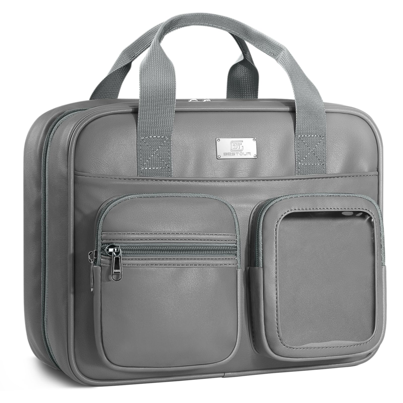 Leather Water-Resistant Hanging Travel Makeup Bag for Women - Large Cosmetic Organizer with Elastic Band Holders, PU Grey Toiletry Bag - Perfect for Travel, Gym, and Daily Essentials Storage