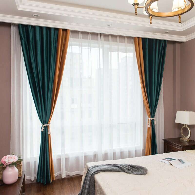 Luxury Dutch Velvet Spliced Curtains - Orange & Green Drapes for Living Room & Bedroom | Blackout Window Treatments for Home Decor