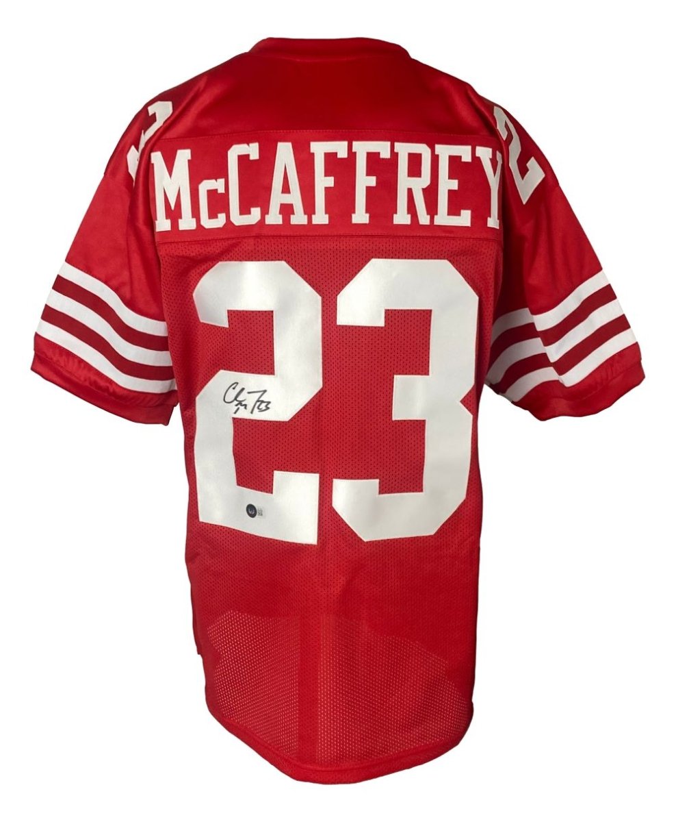 Authentic Christian McCaffrey San Francisco 49ers Signed Red Football Jersey - Limited Edition Collectible for NFL Fans, Home Decor & Sports Memorabilia Display