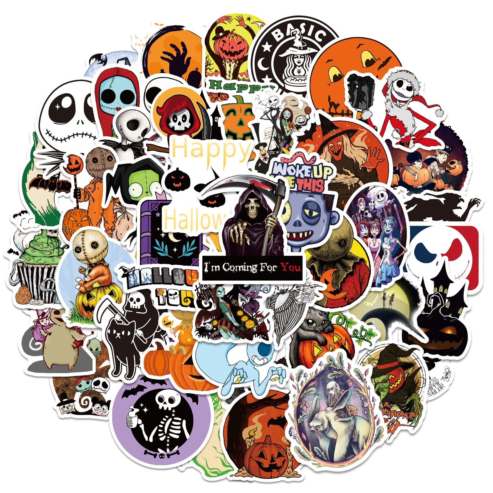50pcs Halloween Stickers for Kids, Teens & Adults - Pumpkin, Ghost & Bat Decals for Water Bottles, Laptops, Skateboards - Funny Party Stickers for Halloween Decorations, DIY Crafts & School Projects (Halloween Sticker A)