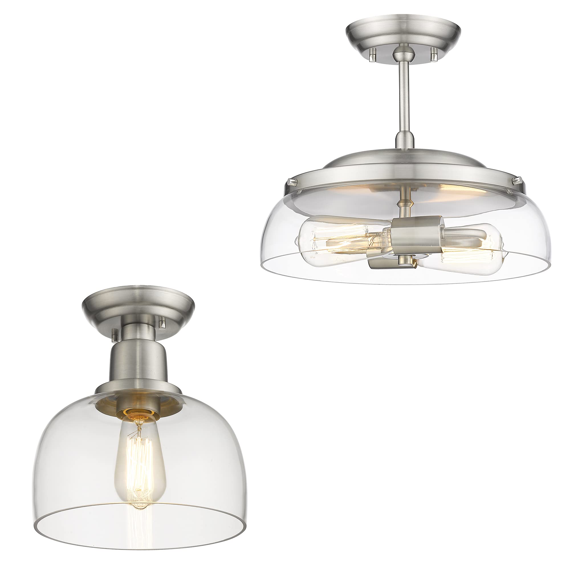 EAPUDUN 2-Light & 1-Light Farmhouse Modern Semi Flush Mount Ceiling Lights Set, Brushed Nickel with Clear Glass Shade - Perfect for Kitchen, Dining Room, Bedroom and Living Room Lighting