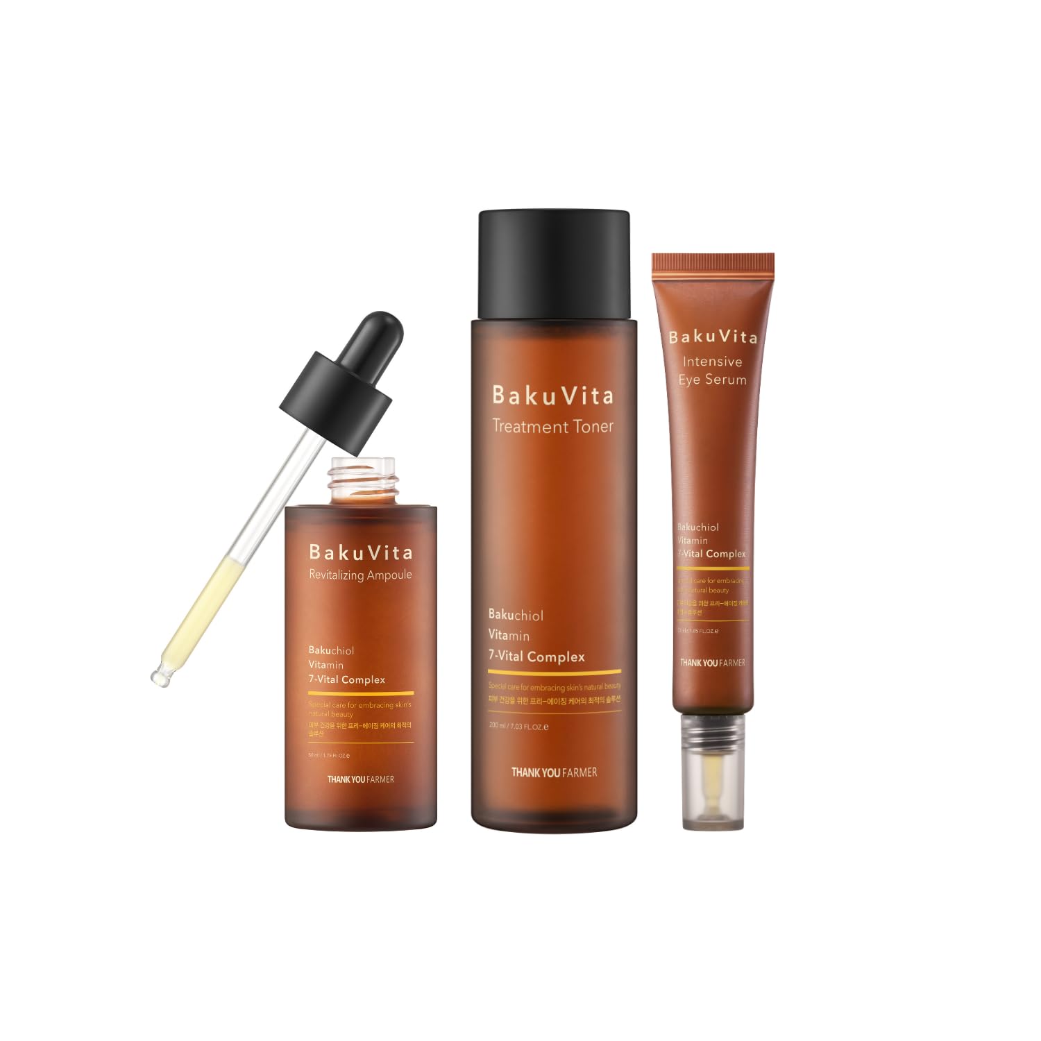 BakuVita Anti-Aging Skincare Set - Revitalizing Ampoule, Hydrating Treatment Toner & Intensive Eye Serum for Wrinkles & Dark Circles - Perfect for Night Routine & Travel Skincare Essentials