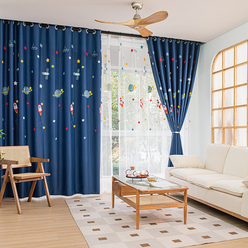 Rémy Cartoon Spaceship Blackout Curtains for Kids Room - Blue Galaxy Themed Window Treatment for Nursery & Bedroom - Blocks Light for Better Sleep & Playtime