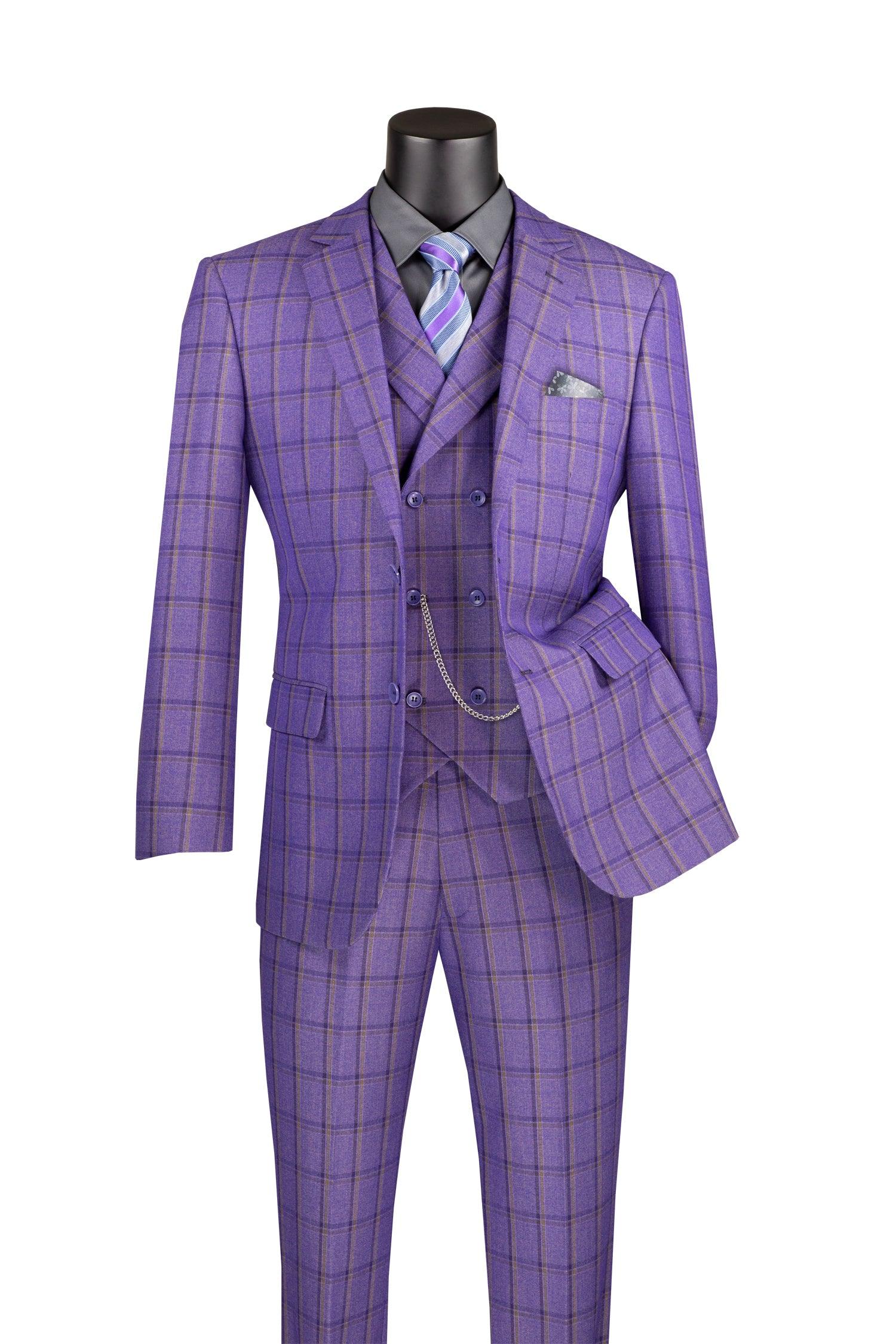 La Scale Collection Men's Windowpane Three-Piece Suit in Purple | Formal Business Attire & Wedding Suit for Special Occasions