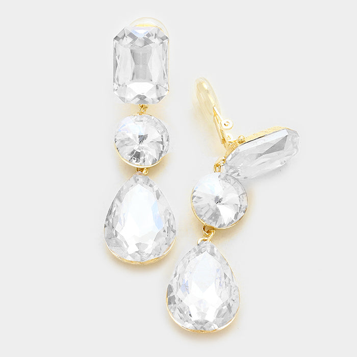 Elegant Clear Crystal Triple Drop Geometric Clip-On Earrings in Gold | Prom, Pageant & Party Jewelry | Perfect for Weddings, Dances & Special Occasions