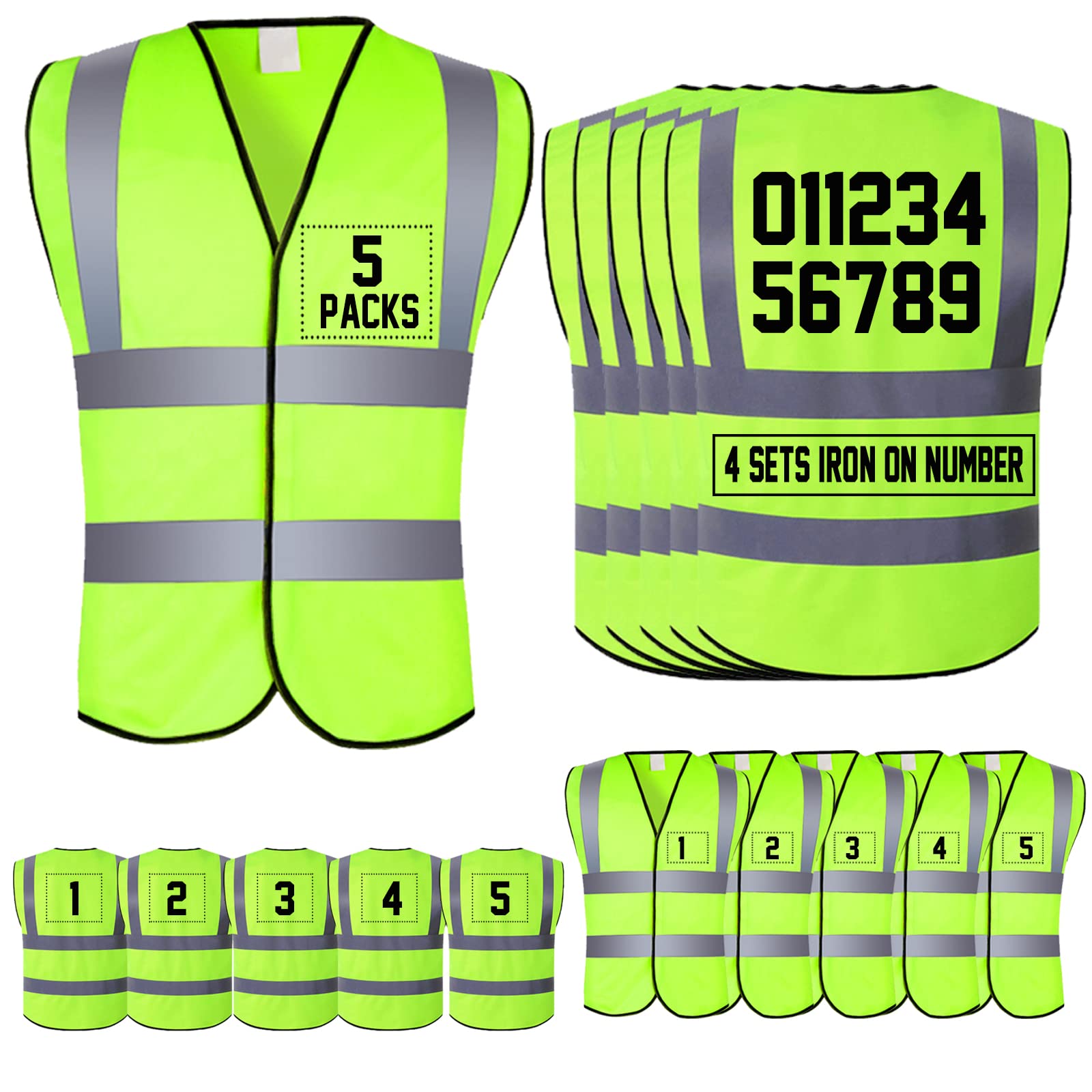 Custom Reflective Safety Vest with Black HTV Heat Transfer Vinyl - 4-Pack Iron-On Number Set for Running, Walking & Outdoor Activities | High Visibility Workwear for Construction, Cycling & Night Safety