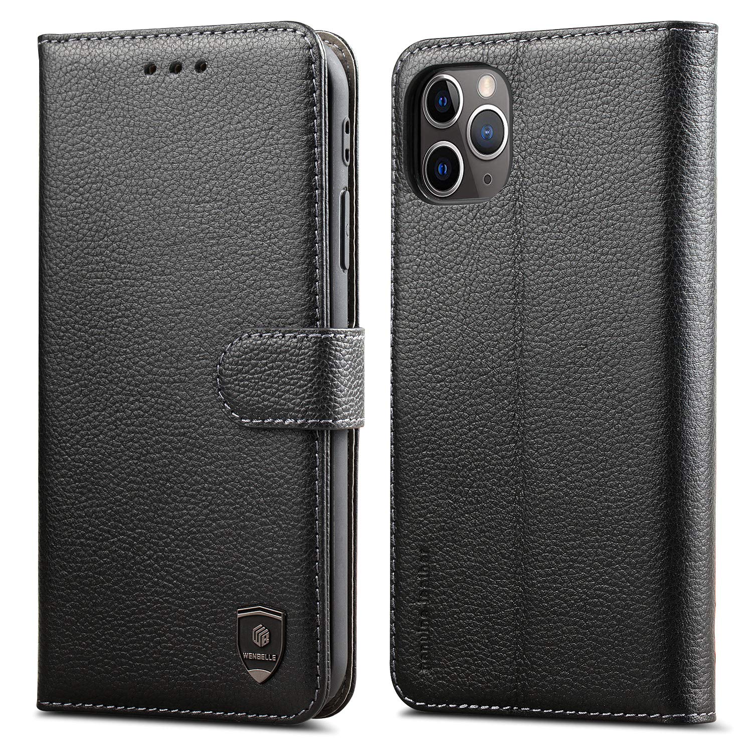 Premium Genuine Leather Wallet Case for iPhone 11 Pro Max (6.5 inch) - RFID Blocking Protection, TPU Shockproof Flip Cover with Viewing Stand & Wireless Charging Support | Perfect for Business Travel, Daily Commute & Secure Mobile Payments (Black)