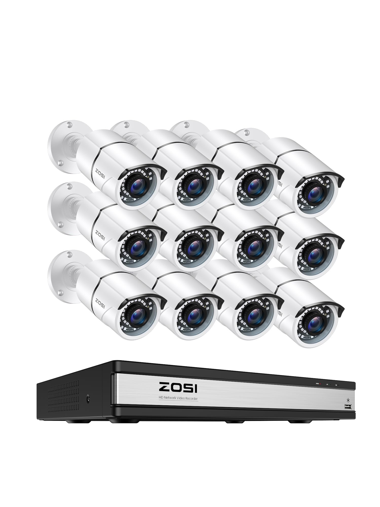 ZOSI H.265+ 16 Channel 1080p Home Security Camera System with AI Human/Vehicle Detection - 16CH DVR Recorder & 12 x 1080p CCTV Bullet Cameras for Indoor/Outdoor Use - 120ft Night Vision, 105° Wide Angle (No HDD) - Ideal for Home, Office, and Business Surveillance
