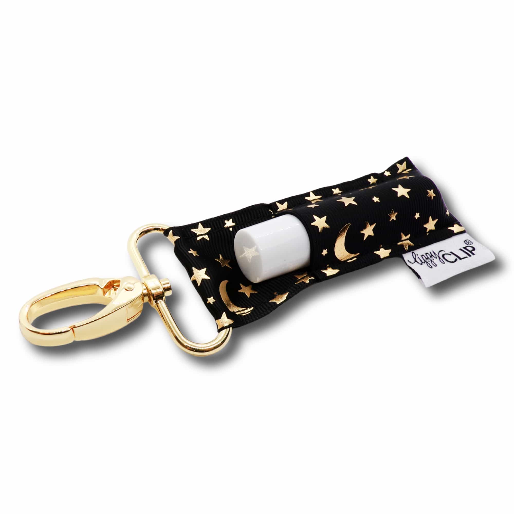 Celestial Moon & Stars Black Gold Lip Balm Holder - Stylish Lip Gloss Clip for Keychain or Purse - Perfect for On-the-Go Moisture & Fashion Accessory