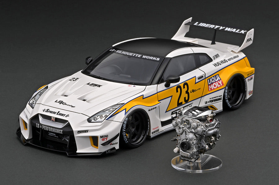 1:18 Scale Nissan 35GT-RR LB Silhouette Works GT Diecast Model Car - White & Yellow Color with Detailed Engine - Perfect for Collectors, Display, and Racing Enthusiasts