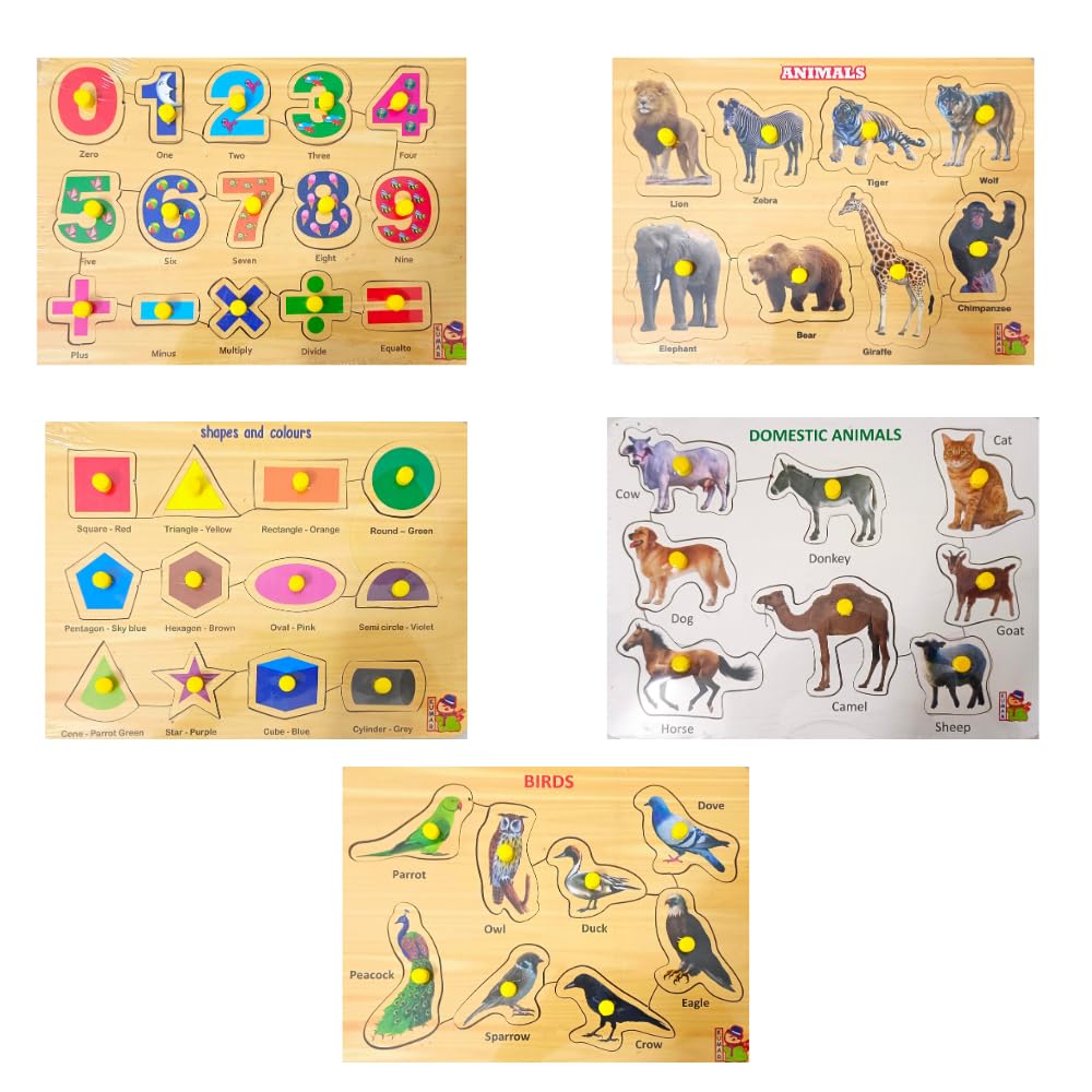 5-in-1 Wooden Learning Puzzle Set for Kids & Adults - Numbers, Animals, Shapes, Birds Educational Toys | Perfect for Early Childhood Development, Homeschooling, and Family Bonding Activities