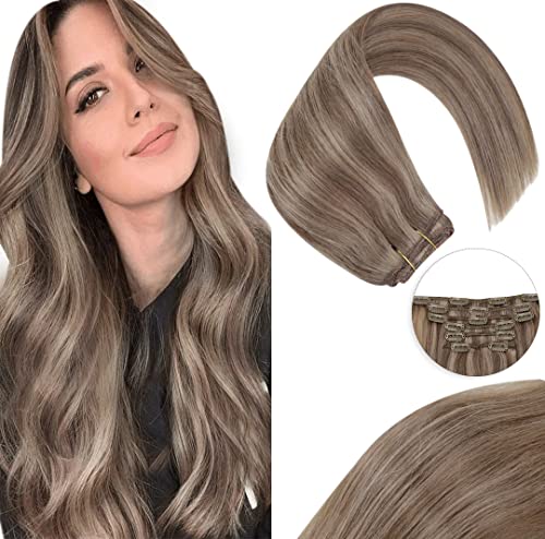 Blonde Clip in Hair Extensions 20 Inch - 7Pcs 120g Human Hair with Brown Highlights, Silky Straight Removable Extensions for Daily Styling & Special Occasions