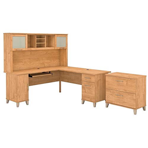 Scranton & Co Somerset 72W L-Shaped Desk with Hutch & File Cabinet - Maple Wood Office Furniture for Home & Workspace Organization