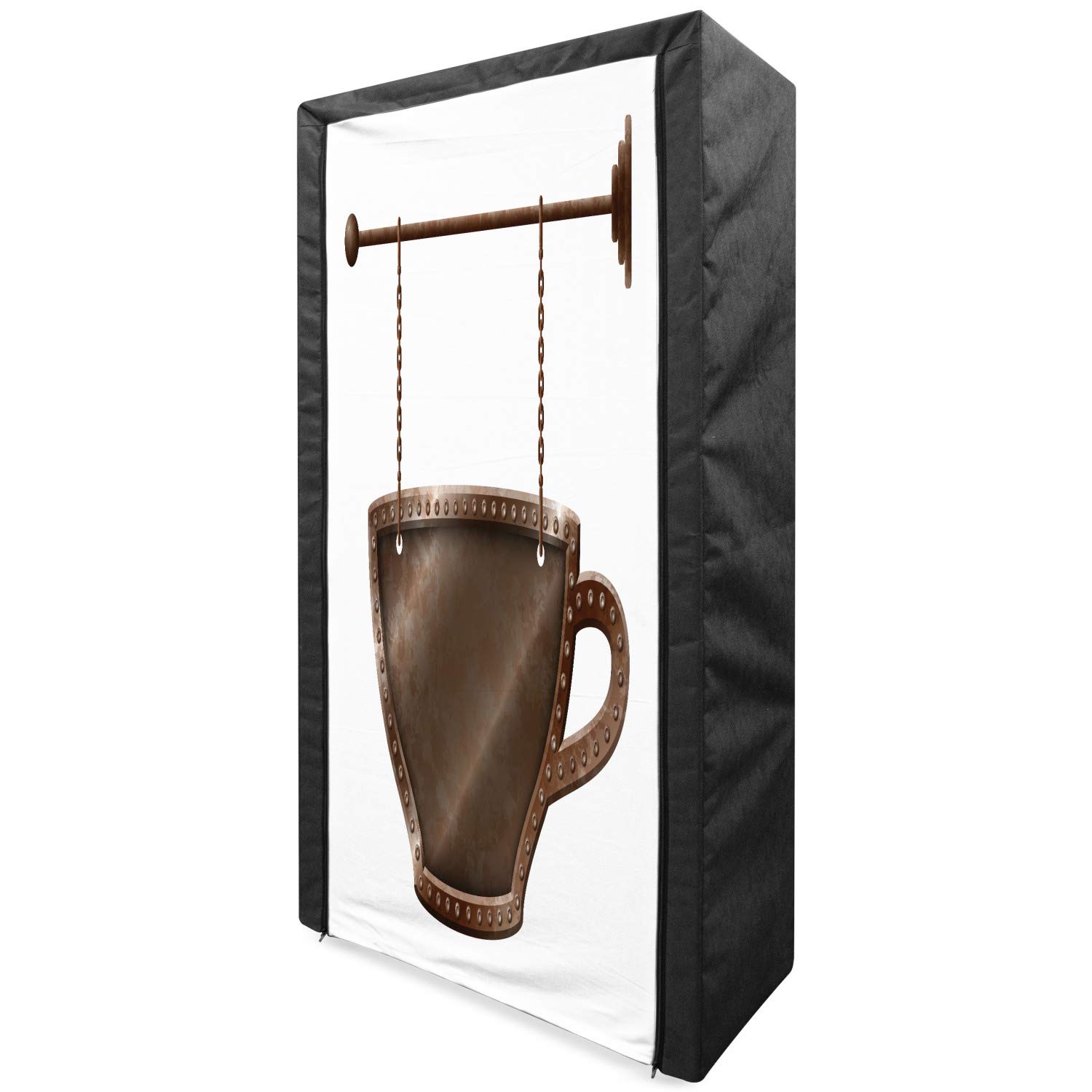 Ambesonne Portable Fabric Wardrobe with Shelves - 33.5 Inch Coffee Themed Clothing Organizer, Rustic Mug Design Storage Closet in Umber White | Perfect for Bedroom, Dorm & Small Space Organization