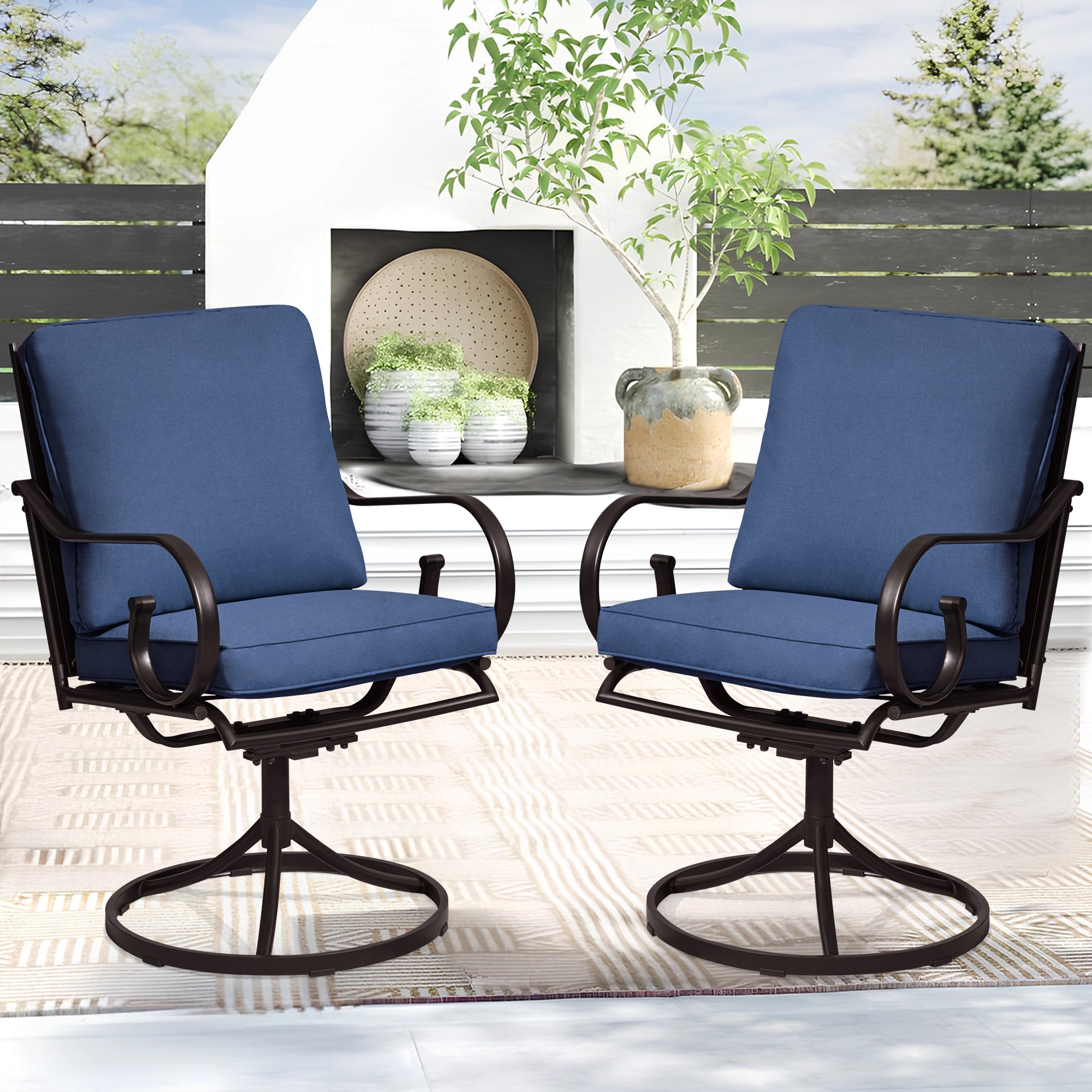 Erommy 2-Piece Patio Swivel Chair Set with Cushions - Outdoor Dining Chairs for Garden, Deck, Poolside & Backyard - Comfortable Blue Swivel Chairs for Relaxing & Entertaining