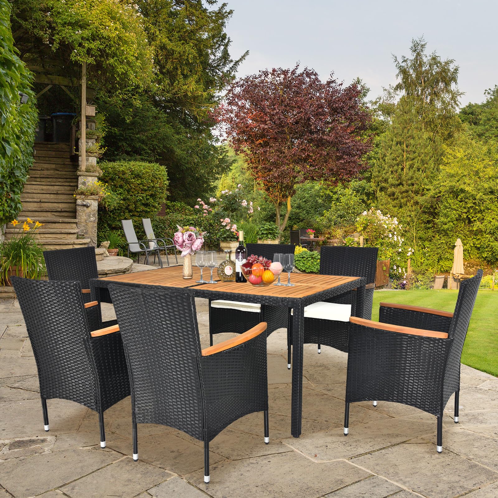 VINGLI 7-Piece Patio Dining Set - Outdoor Wicker Furniture with Acacia Wood Table & 6 Chairs for Garden, Yard, Backyard, and Poolside Entertaining