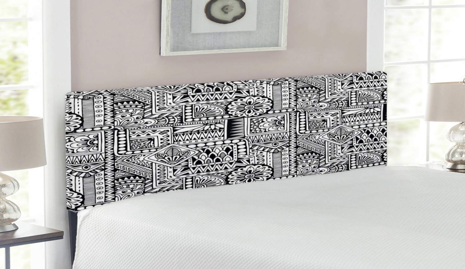 Ambesonne Modern Geometric Leaf & Dot Pattern Upholstered Headboard with Memory Foam - Queen Size Bed Frame Accent in Black & White - Perfect for Contemporary Bedroom Decor & Guest Room Styling