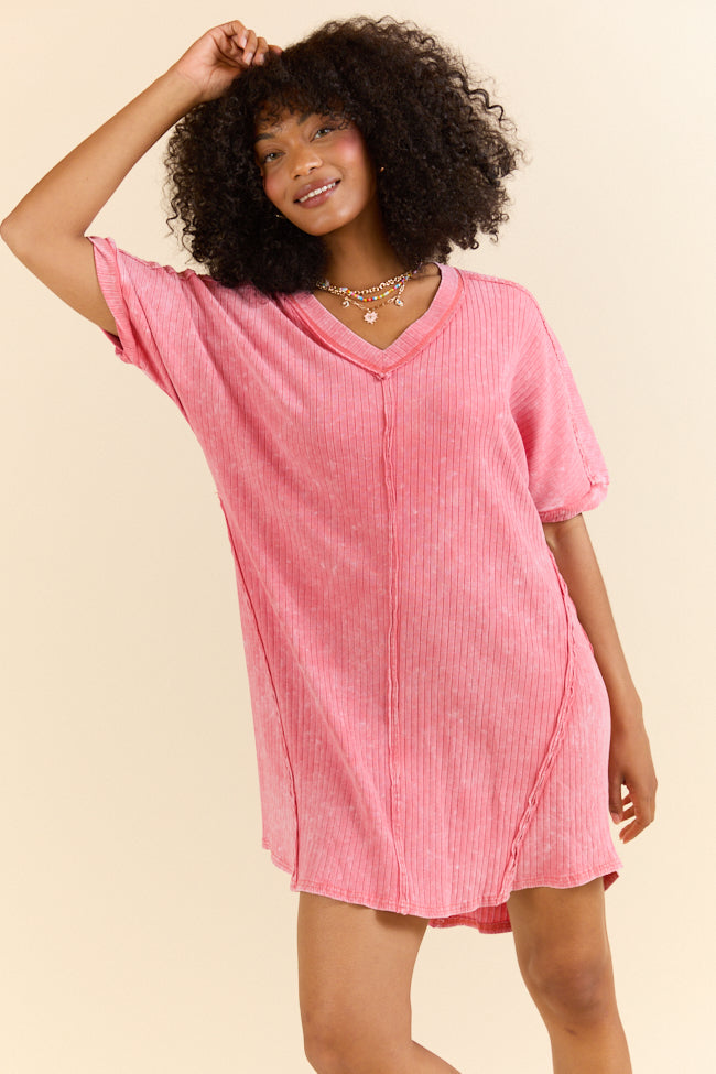 Hot Pink Acid Wash Knit Dress - High Temperature Resistant, Summer Casual & Party Wear - Women's Fashion Dress for Beach, Vacation & Night Out