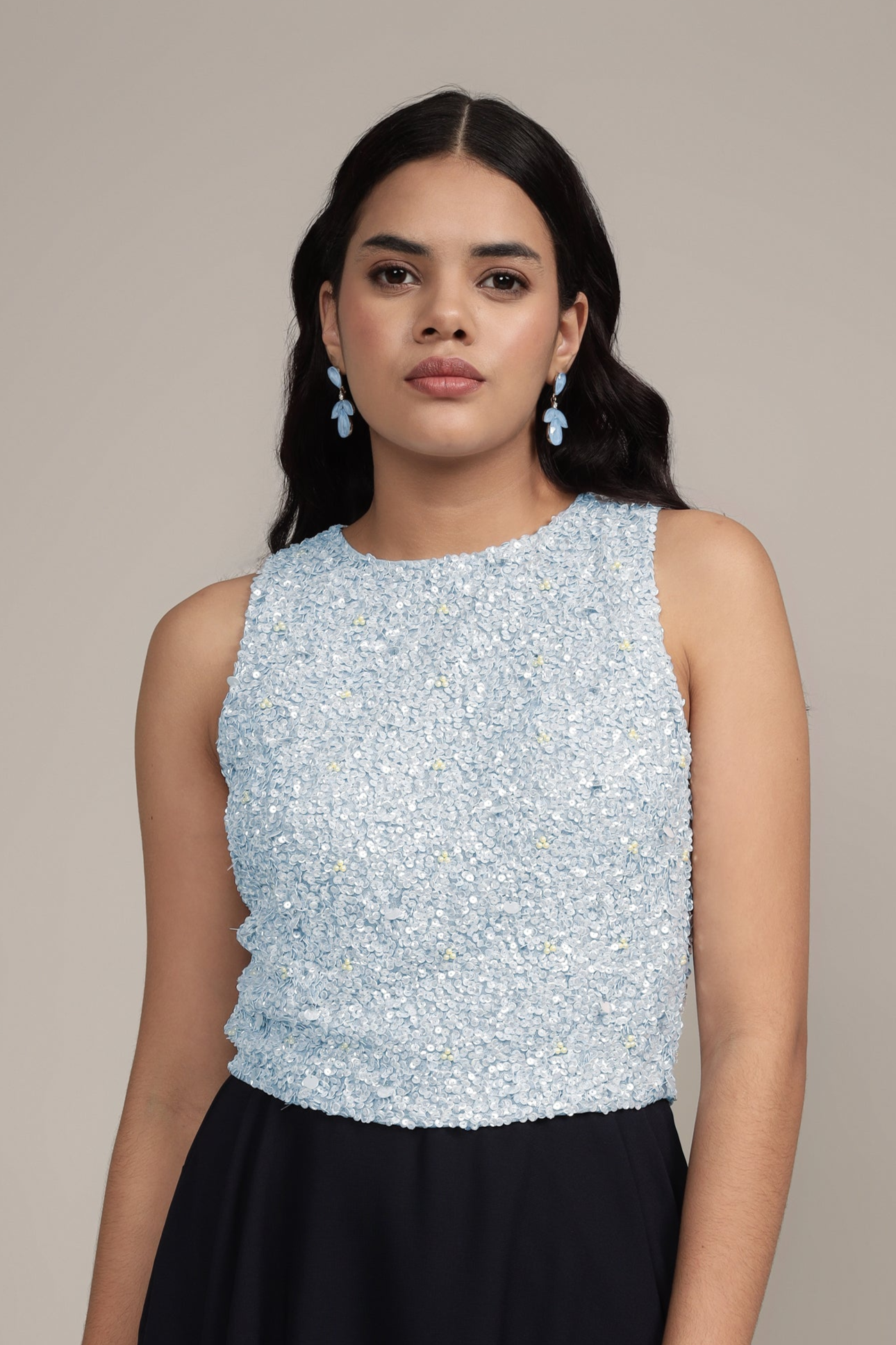 Light Blue Embellished Picasso Top for Women | Elegant Blouse for Casual Wear, Office & Special Occasions