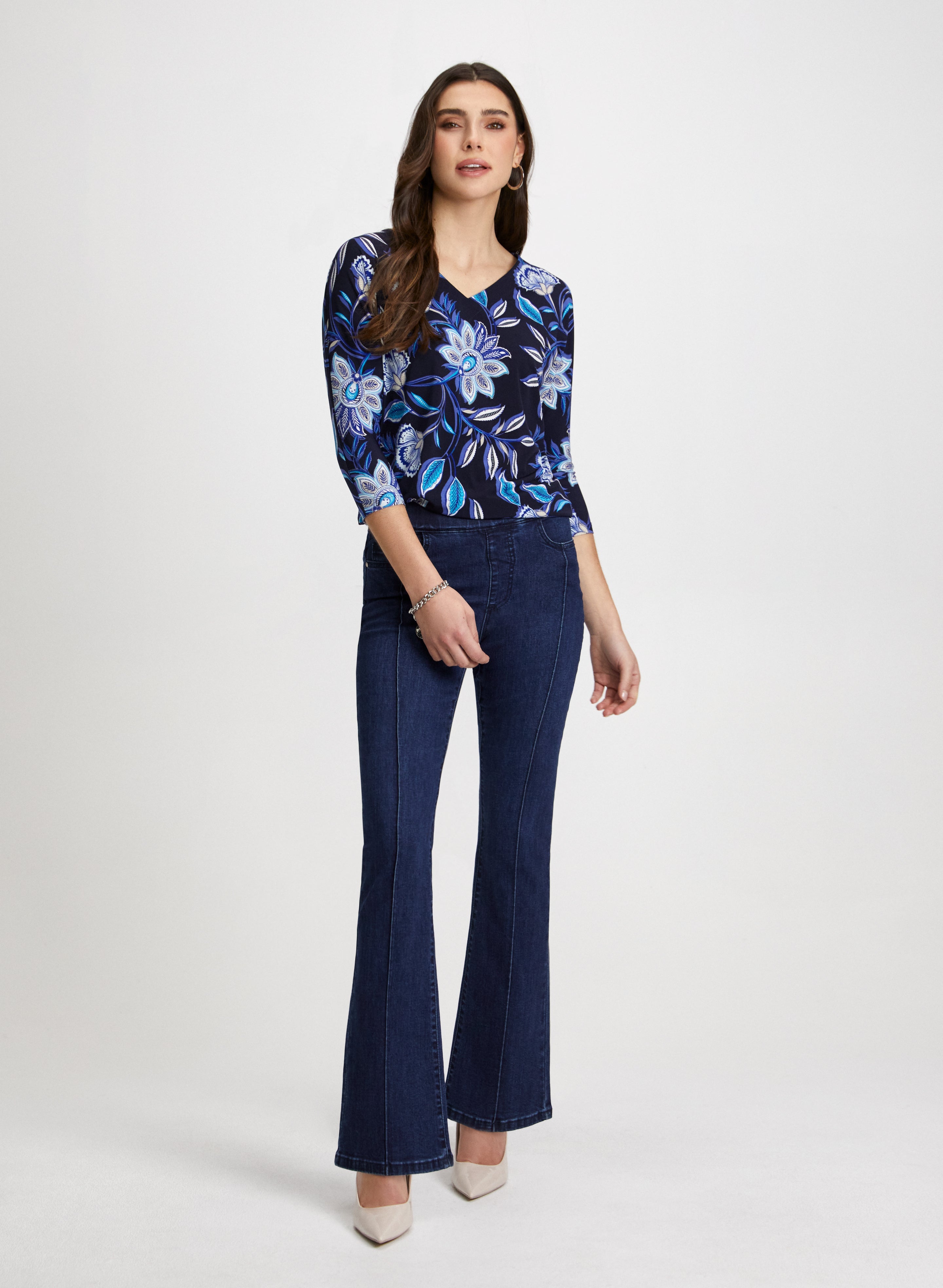 Floral Paisley Print Blouse & Bootcut Denim Jeans Set for Women | Boho Chic Outfit for Casual Wear, Date Night & Spring Fashion
