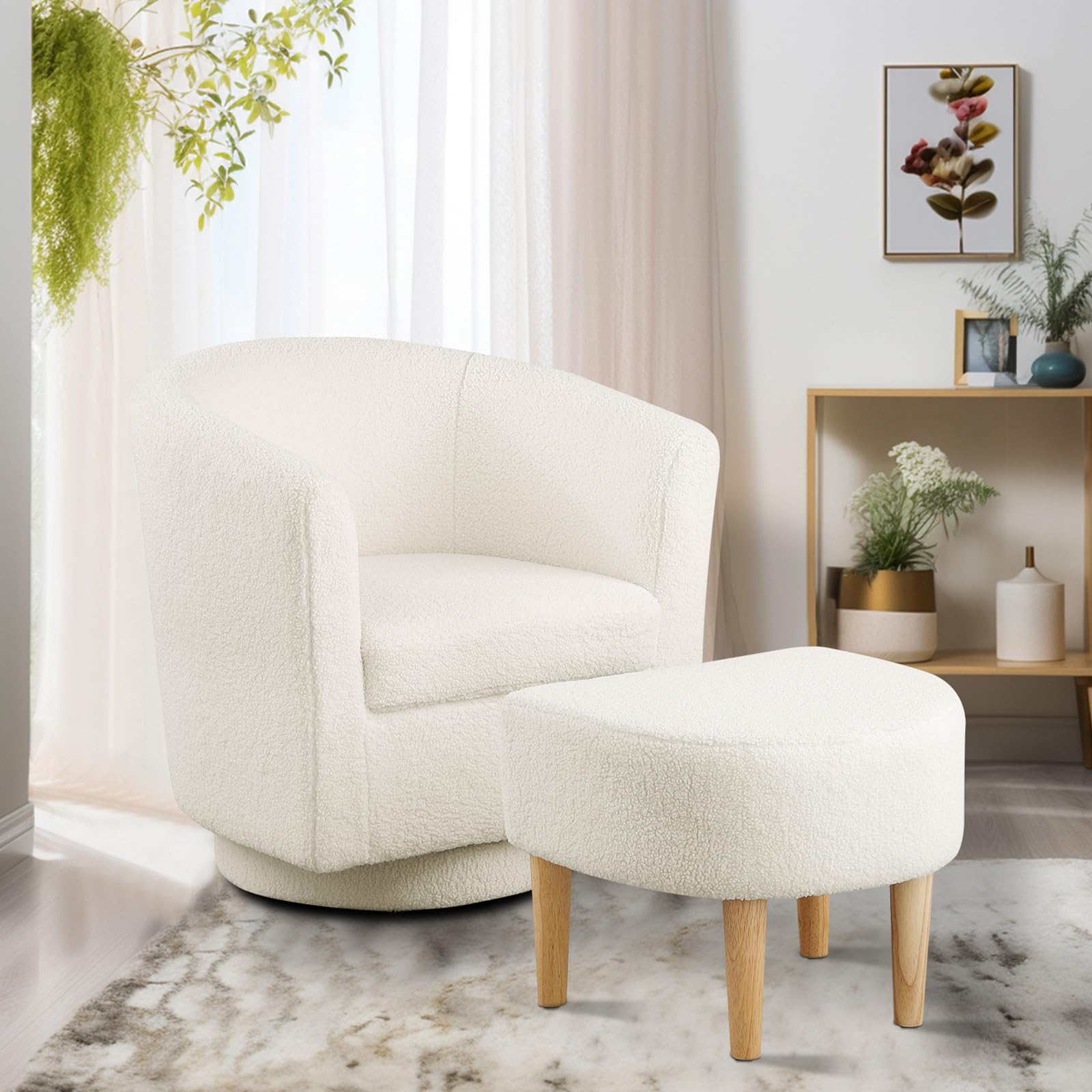 DAZONE Sherpa Swivel Accent Chair with Ottoman - Fluffy White Teddy Fabric, Barrel Design, Comfortable Armchair & Footrest Set for Living Room, Bedroom, Reading Nook - Perfect for Relaxing, Lounging & Home Decor