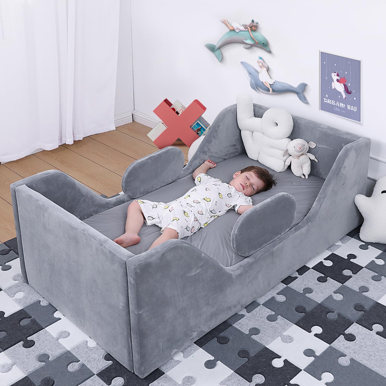 **Safe & Certified Toddler Bed for Kids - Standard Crib Size with Extra Safety Rail, Soft Fabric Design (Gray) - Perfect for Nursery, Daycare & Transitioning from Crib**