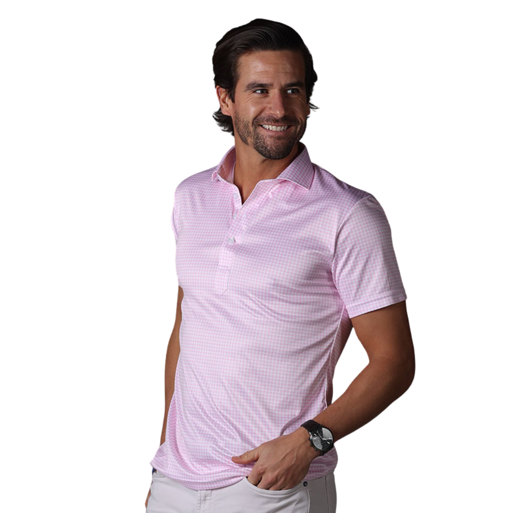 Men's Pink Gingham Semi Spread Collar Polo Shirt - Casual & Stylish Cotton Blend Top for Work, Golf & Summer Outings