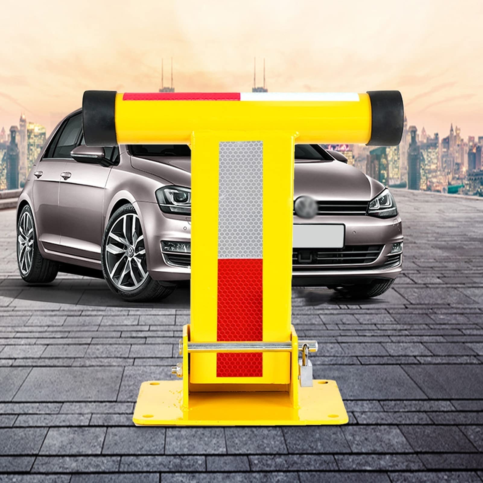 Foldable Parking Barrier 37.7cm - Heavy Duty Steel Manual Parking Blocker with Lock & Screws - Anti-Theft Security Pole for Driveway, Garage & Parking Lot Safety