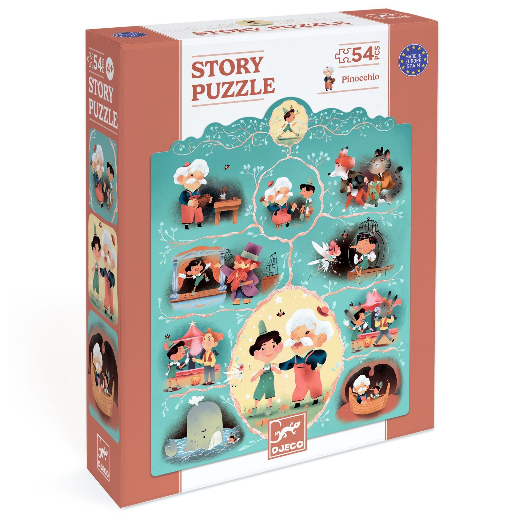 Djeco Pinocchio 54-Piece Story Puzzle for Kids - Wooden Jigsaw Puzzle with Fairy Tale Illustrations - Perfect for Family Game Night & Early Childhood Education