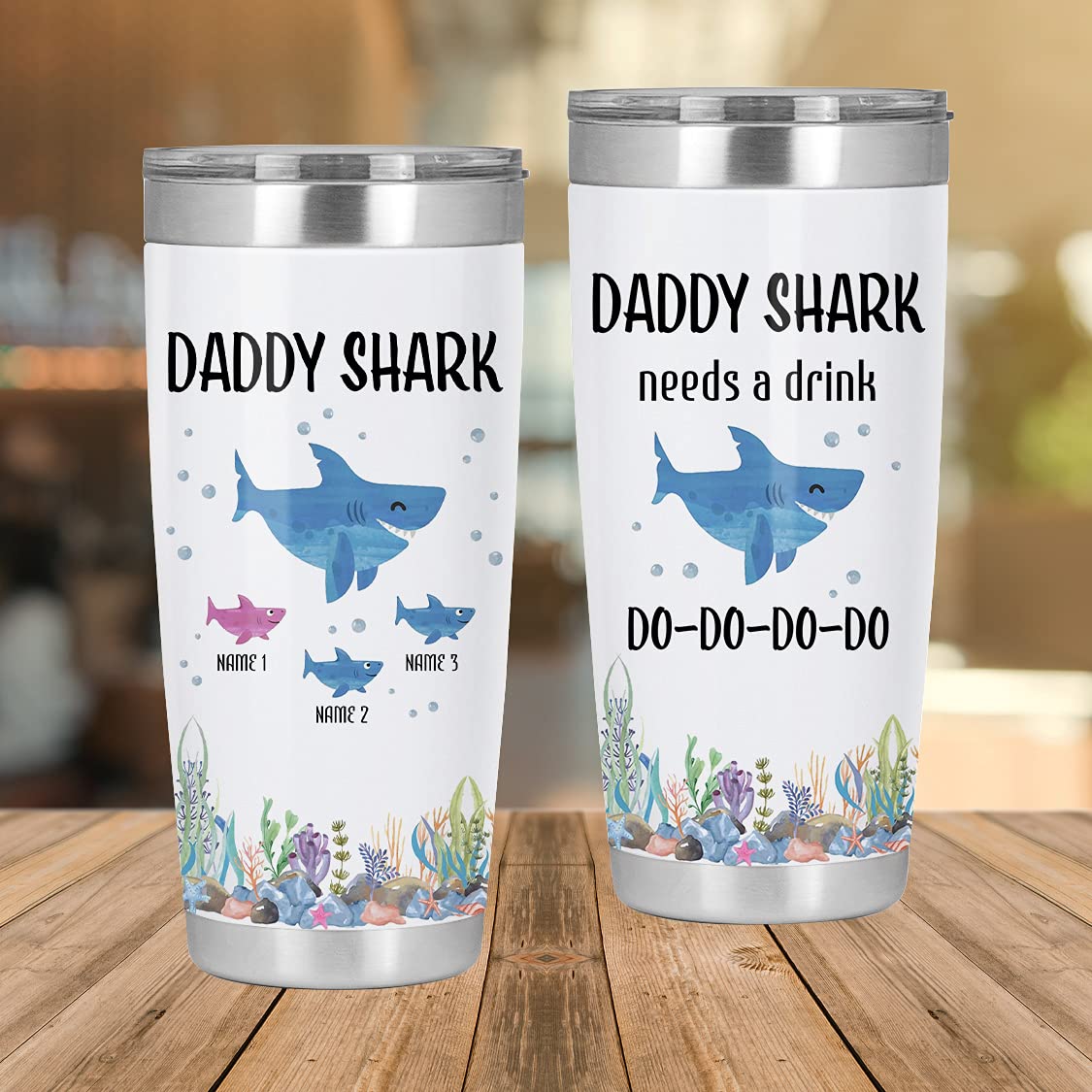 **Personalized Daddy Shark Tumbler Cup - 20oz Insulated Stainless Steel Travel Mug with Lid - Custom Father's Day Gift for Dad, Papa, Husband - Great for Coffee, Tea, or Cold Drinks at Work, Gym, or Outdoor Adventures**