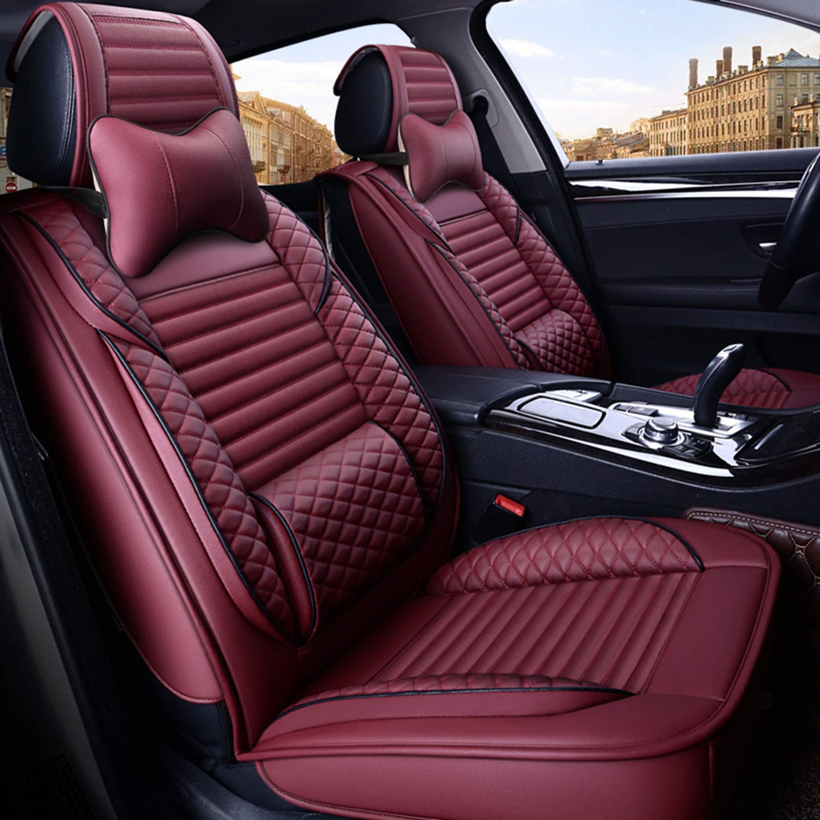 Universal Non-Slip 5-Seater Car Seat Cover with Lumbar Support & Headrest - Red | HZWZ Premium Car Accessories for SUVs, Sedans & Trucks | Comfort & Protection for Long Drives, Commuting & Family Road Trips