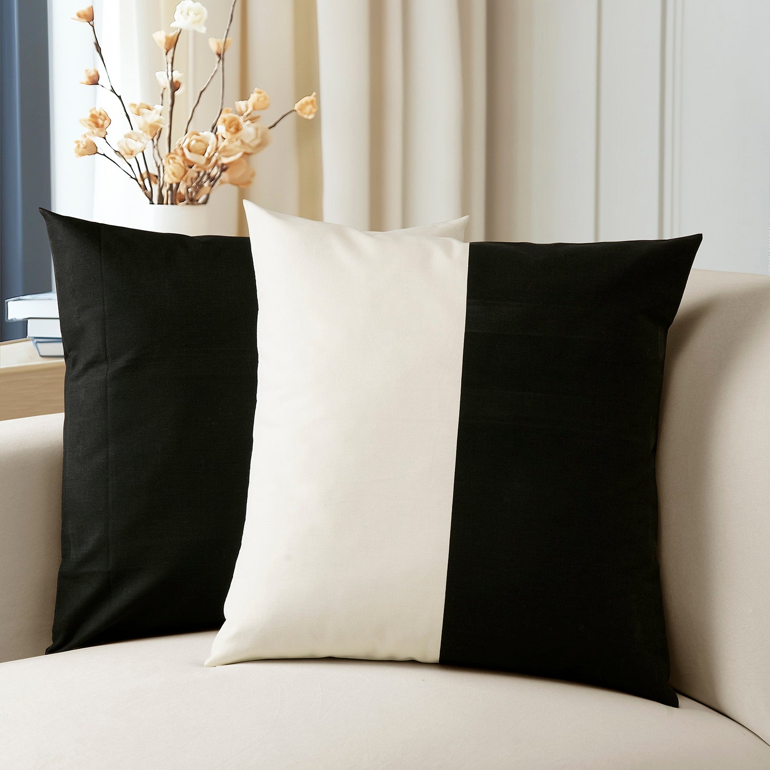 Onyx Black & Off White Striped Printed Cotton Cushion Covers (Set of 2) - Soft Decorative Throw Pillow Cases for Sofa, Bed, Living Room & Home Decor