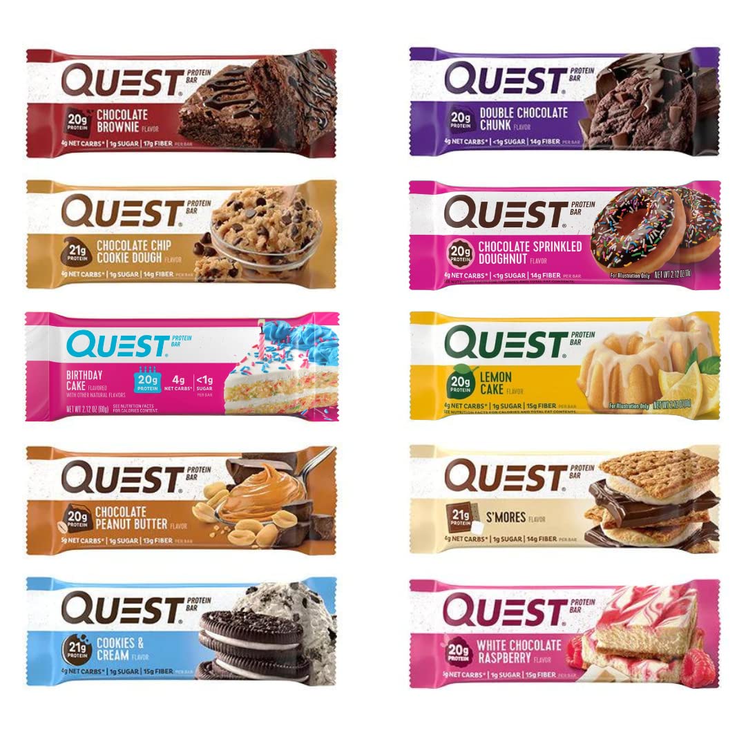 Quest Nutrition Protein Bars - 10 Flavor Variety Pack (12 Count) | High Protein, Low Carb, Gluten Free, Keto Friendly Snacks | 2.12 Oz Bars for Workout, Travel & Healthy On-the-Go Lifestyle