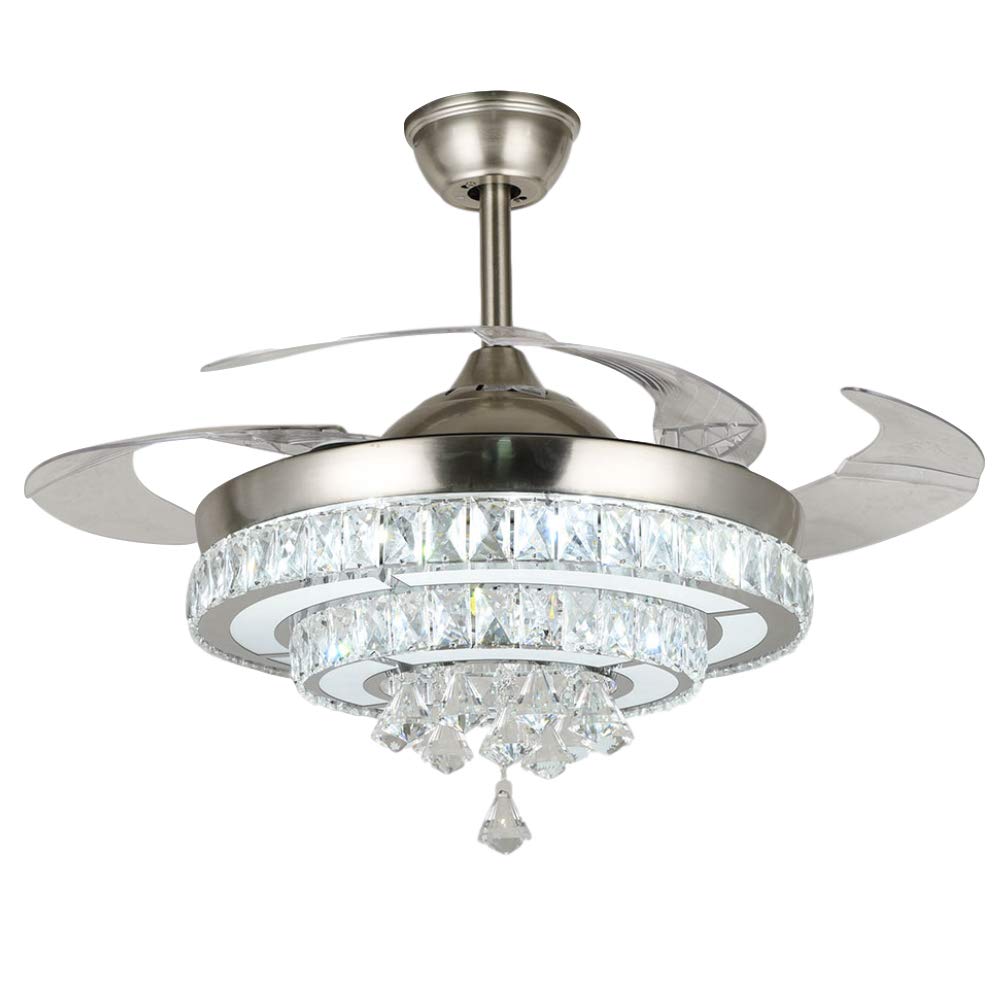 42 Inch Crystal Ceiling Fan with Light and Remote Control - 3 Speed Adjustable, Modern Retractable Chandelier Fan for Living Room, Bedroom, Dining Room - Energy Efficient Indoor Cooling & Stylish Lighting Solution