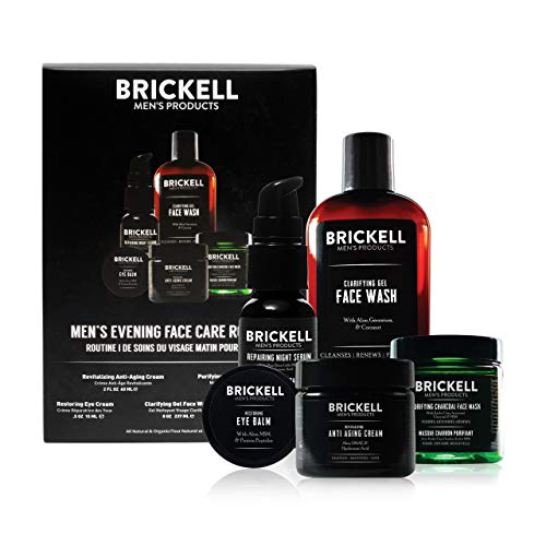 Brickell Men's Evening Face Care Routine Set - Clarifying Gel Face Wash, Detoxifying Charcoal Mask, Eye Cream, Anti-Aging Night Cream & Repairing Serum | Natural Organic Skincare for Men | Perfect for Nighttime Skincare & Anti-Aging Routine