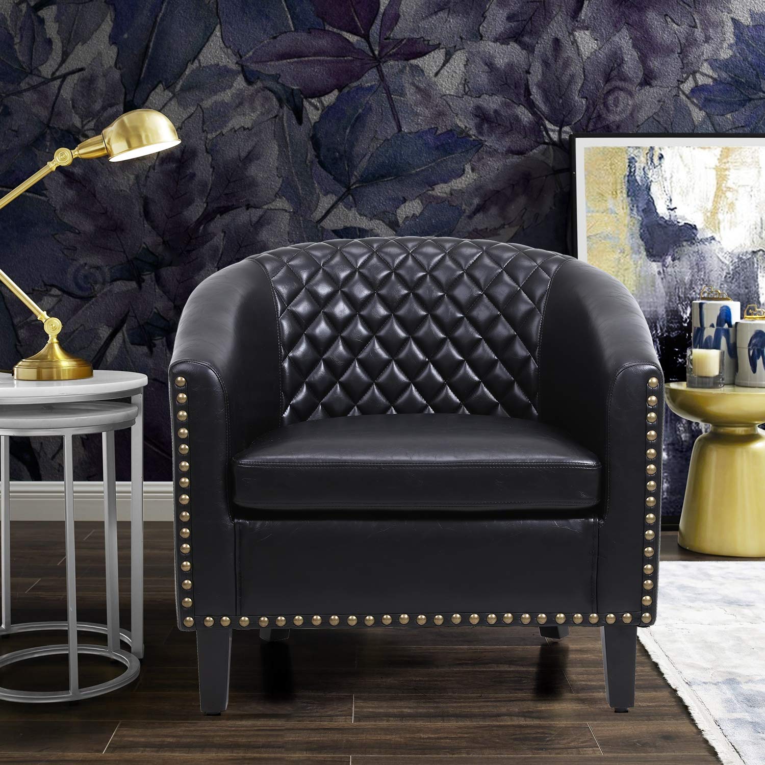 Barrel Chair with Nailhead Trim & Solid Wood Legs - Black PU Leather Accent Chair for Living Room, Bedroom | Comfortable Seating for Home Office, Reading Nook & Lounge Areas