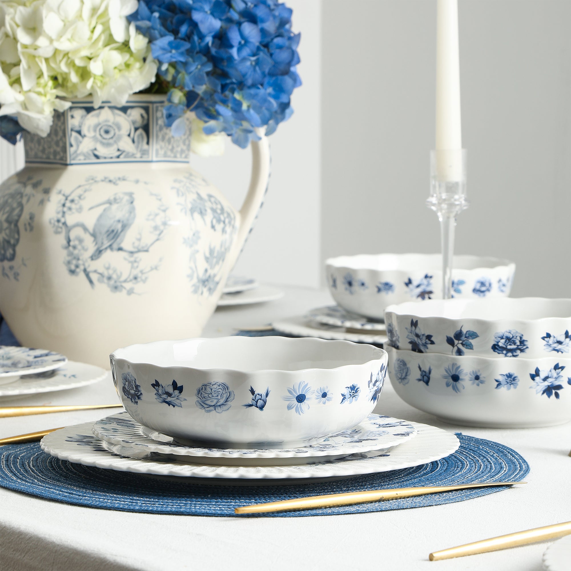 Premium Stone Lain Fiore Bone China 12-Piece Dinnerware Set - Elegant Blue Porcelain Tableware for Formal Dining & Special Occasions