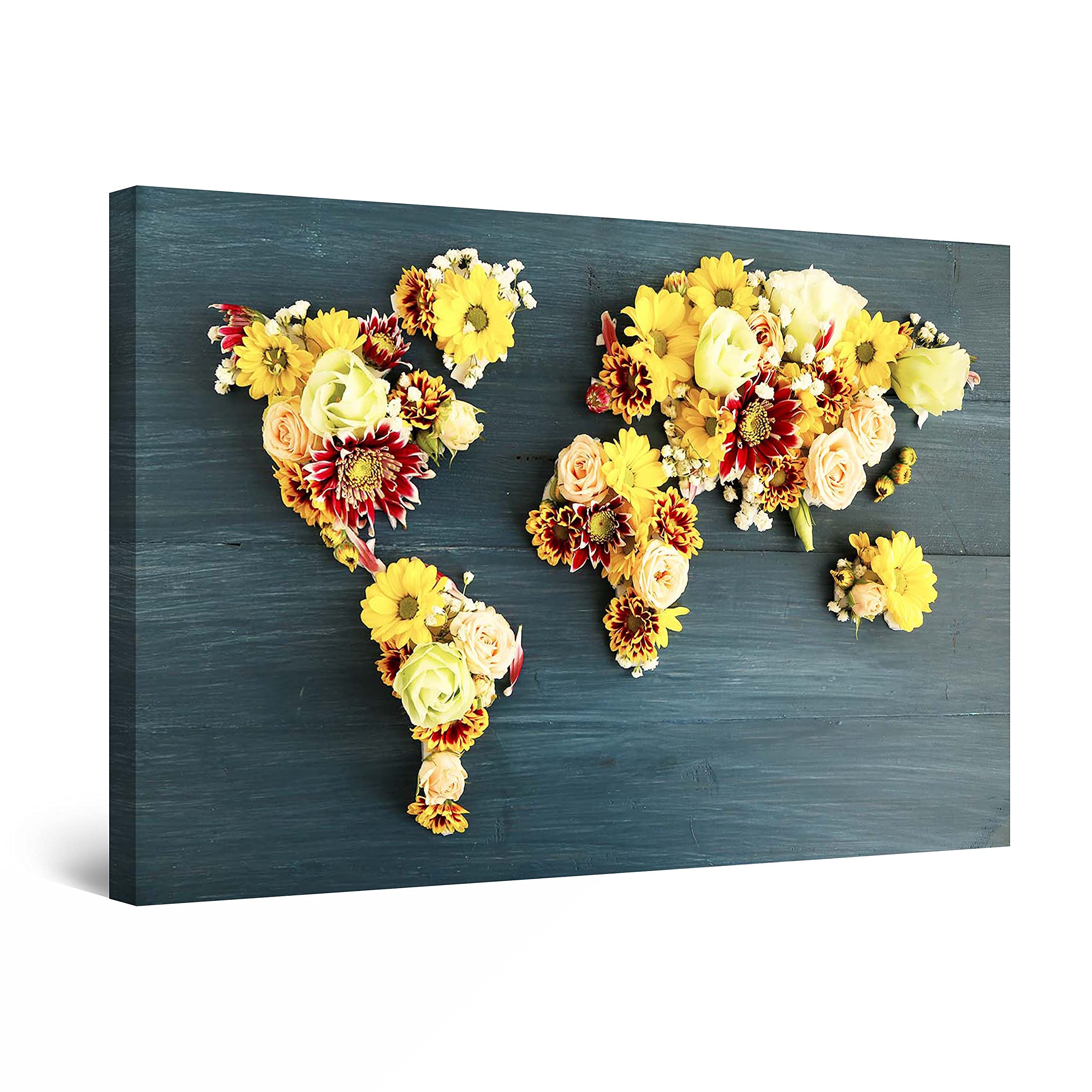 Startonight Abstract World Map Canvas Wall Art with Yellow Flowers - Large Framed 32
