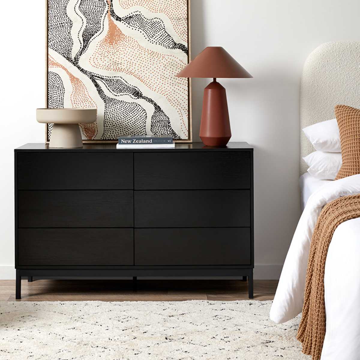 Zander 6-Drawer Dresser - Black Wooden Chest of Drawers for Bedroom & Closet Storage Organization