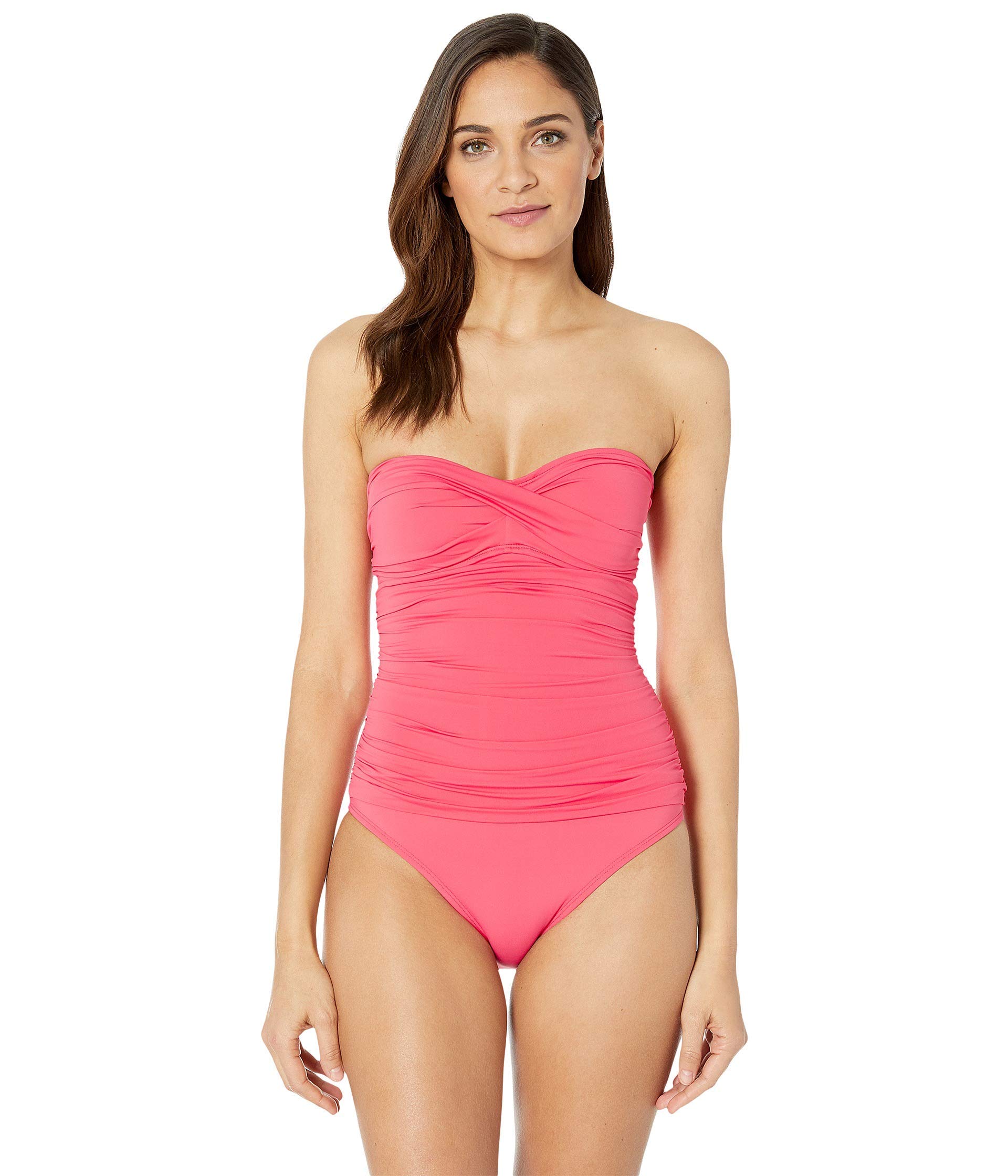 Bleu Rod Beattie Twister Shirred Bandeau Swimsuit Top with Molded Cups - Watermelon Print Women's Swimwear for Beach, Pool, and Summer Vacation