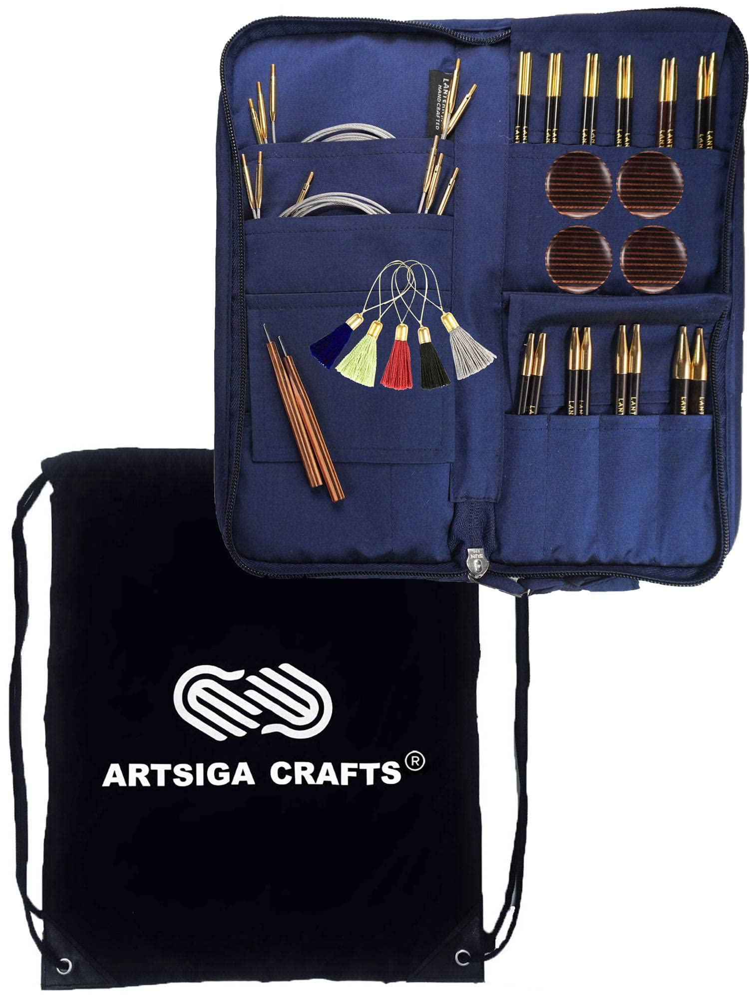 Premium Lantern Moon 5-Inch 10-Pair Interchangeable Circular Knitting Needle Set - Handcrafted Ebony Wood (US Sizes 2.5-11) with Silk Case, 3 Cords & 4 End Caps - Perfect for Knitting Sweaters, Socks & Scarves