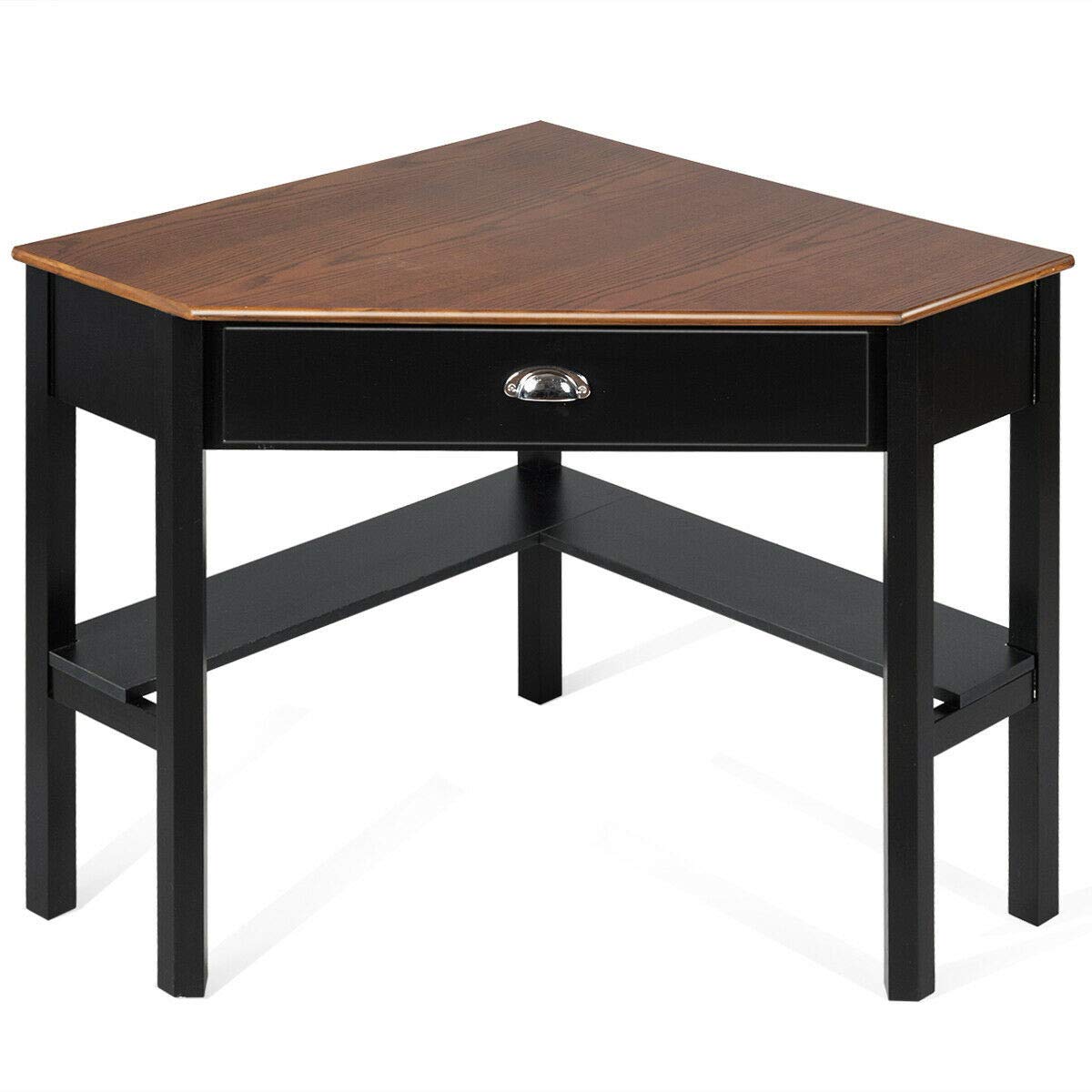 Compact Corner Desk for Home Office - 90° Triangle Computer & Laptop Writing Desk with Storage Shelf & Drawer - Space-Saving Small Office Furniture for Apartments & Dorm Rooms (Coffee Finish)