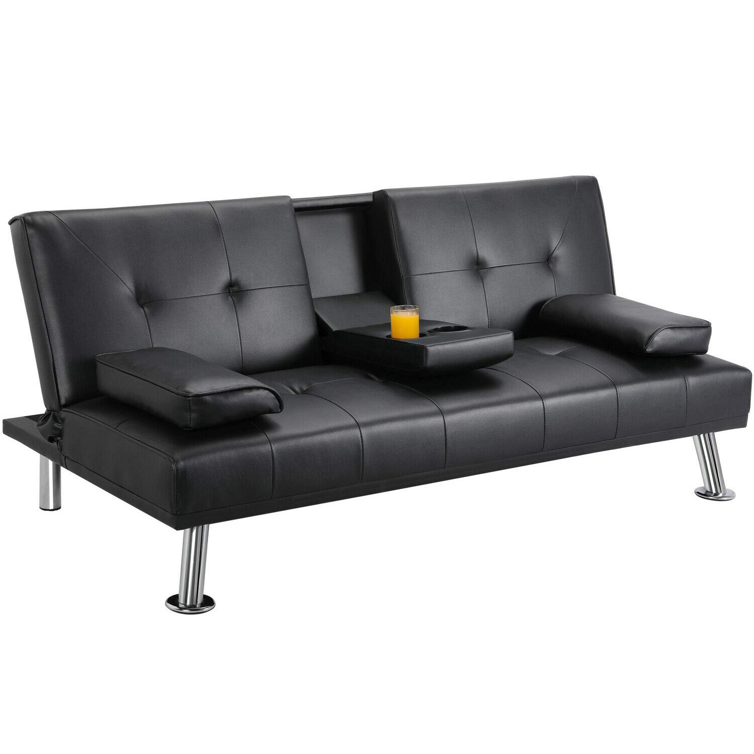 Modern Faux Leather Convertible Futon Sofa Bed with Removable Armrests & 2 Cup Holders - Space-Saving Sleeper Couch for Small Apartments, Dorms, and Guest Rooms - Perfect for Compact Living Spaces & Multi-Functional Furniture Needs