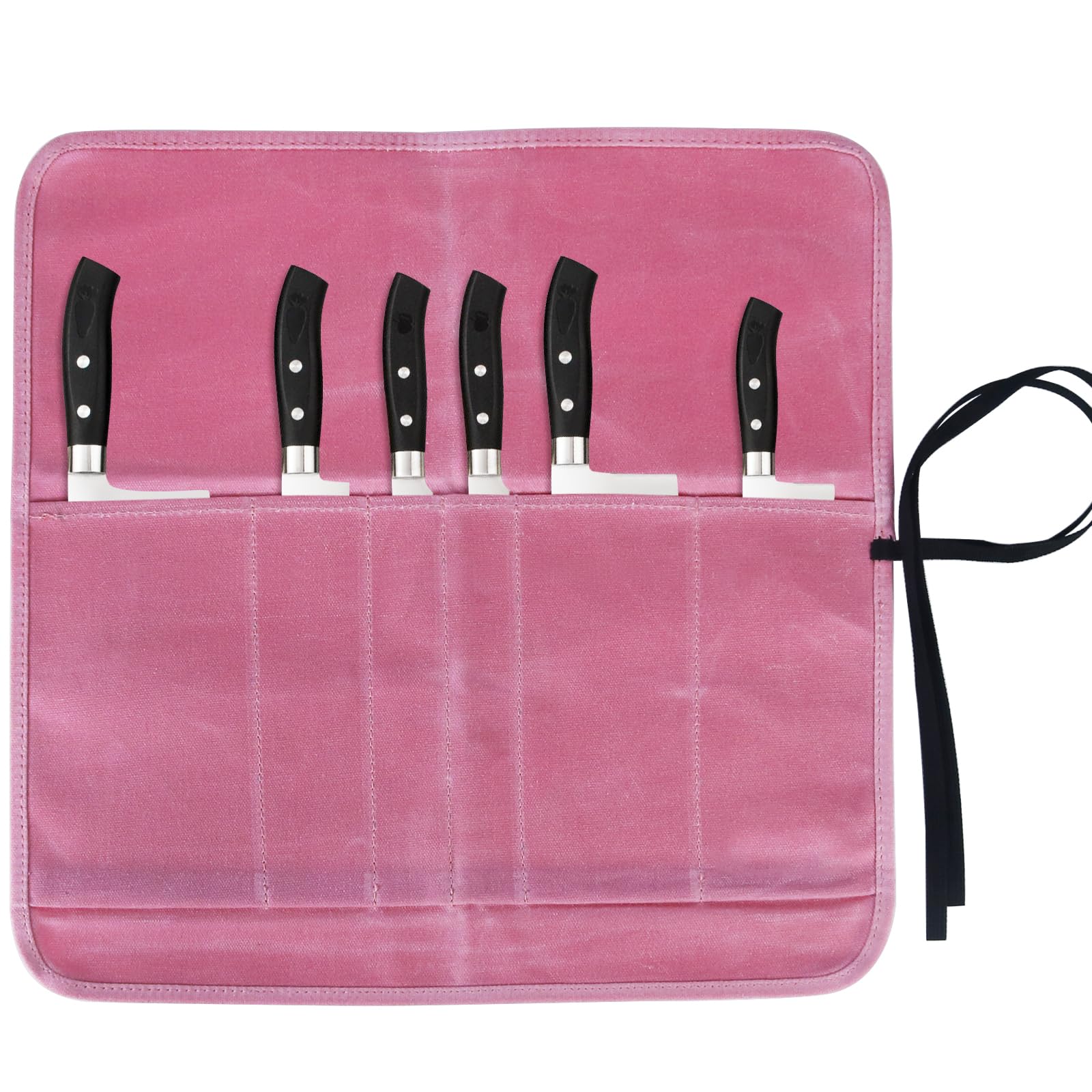 Heavy Duty Waxed Canvas Knife Roll Bag with 6 Slots - Professional Chef Knife Pouch Holder for Kitchen, Travel & Camping - Durable Pink Knife Storage for Home & Outdoor Use