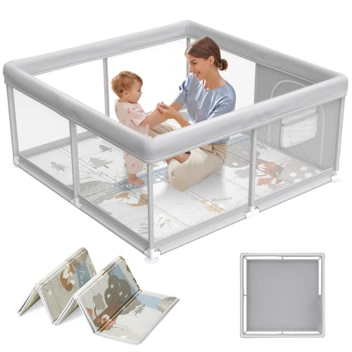 Large 47x47 Inch Baby Playpen with Soft Mat - Light Gray Play Yard for Infants & Toddlers, Safe Indoor Play Space for Apartments, Daycare & Nursery Use
