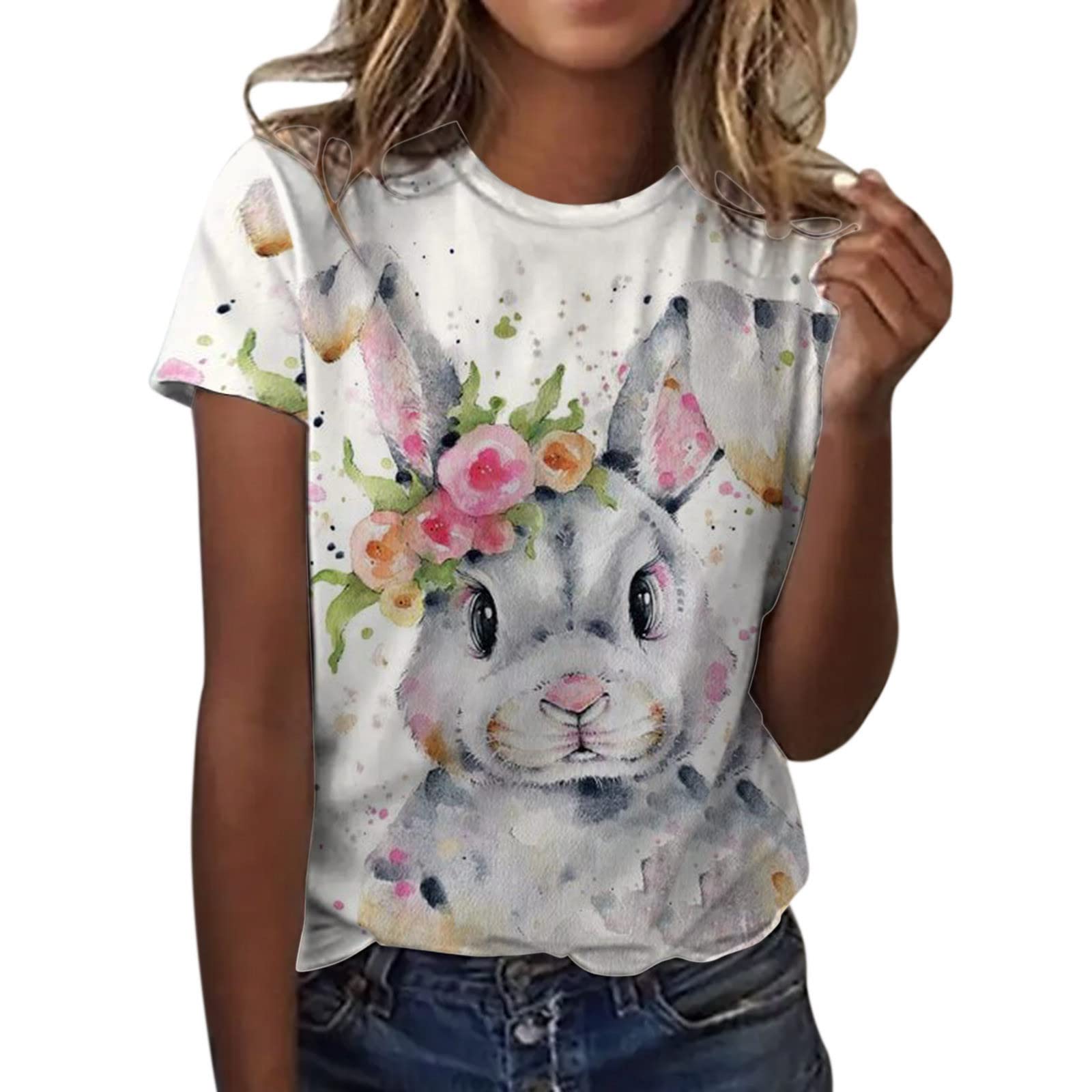 Women's Graphic T-Shirt - Cute Floral Rabbit Print Short Sleeve Casual Top for Easter | Perfect for Spring Outfits, Weekend Wear & Holiday Celebrations